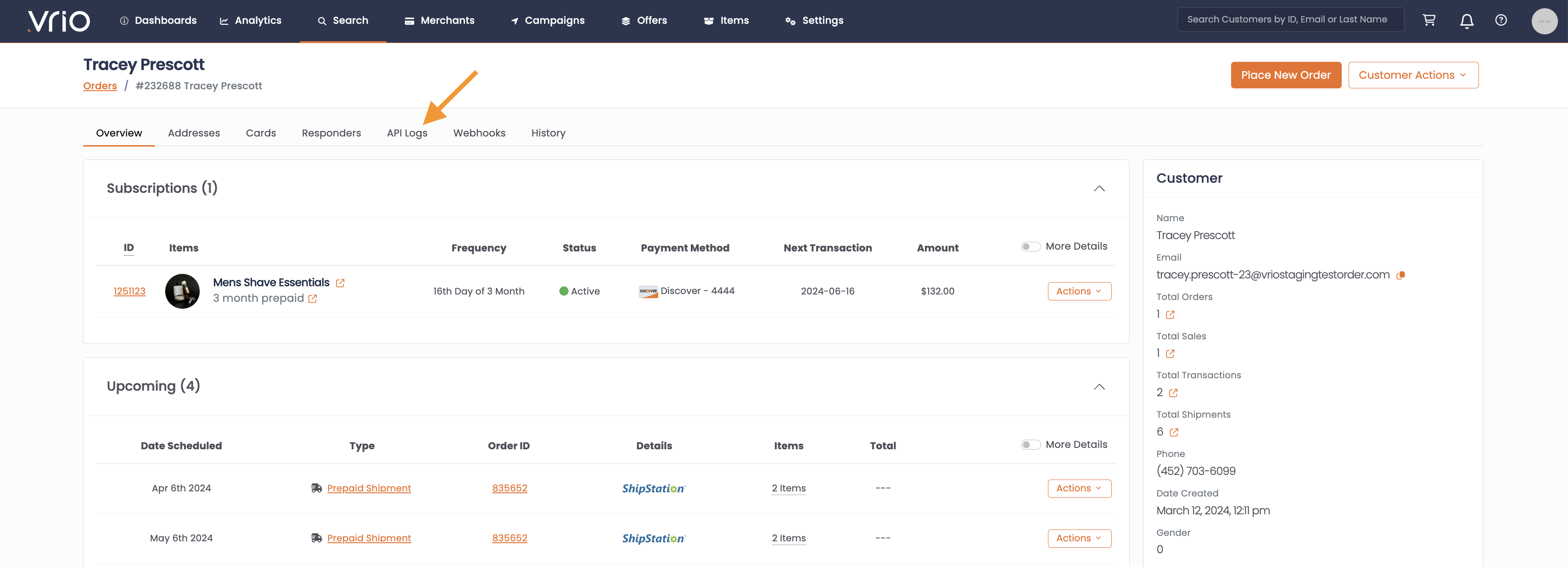 API Tab on Customer Record