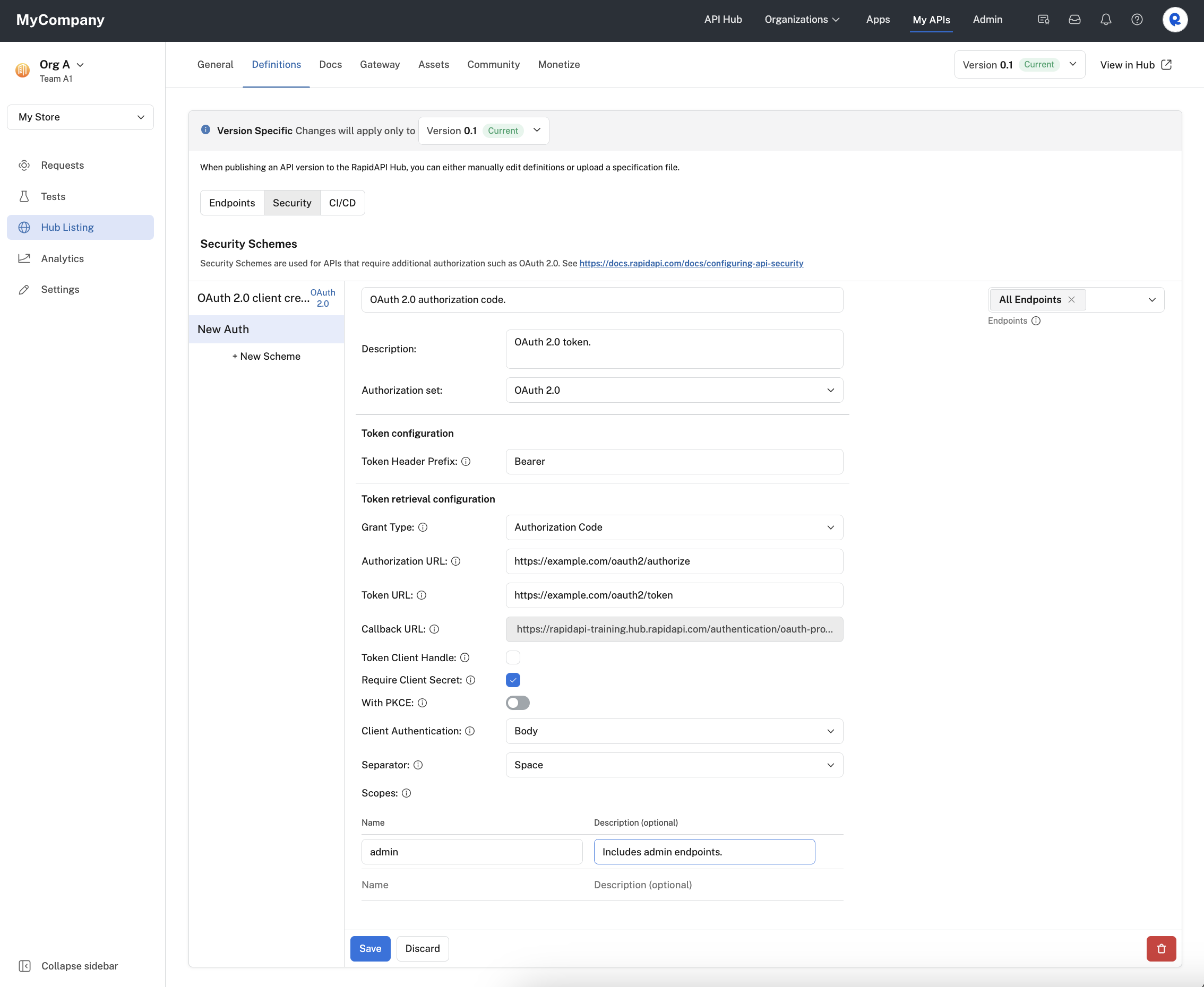 Configuring authorization code OAuth2 grant type.