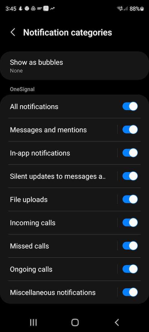 Android device notification categories
