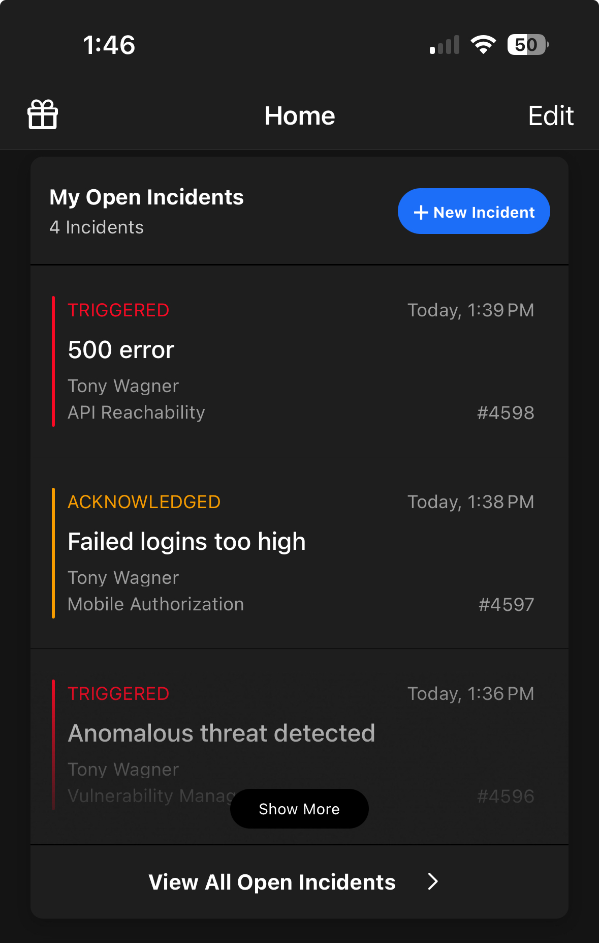 A screenshot of the iOS mobile app detailing the My Open Incidents section