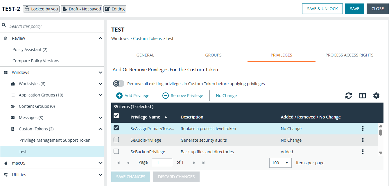 Custom token settings for the Privileges tab in EPM Policy Editor.