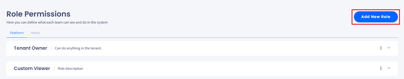 Screenshot of the fragment of the 'Role Permissions' page with the platform role permissions: 'Tenant Owner', 'Custom Role Name', 'Custom Viewer' and the 'Add New Role' button.