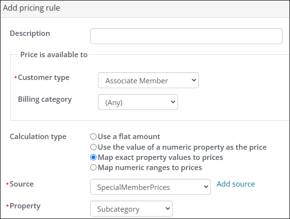 Adding a new pricing rule that maps exact property values to prices