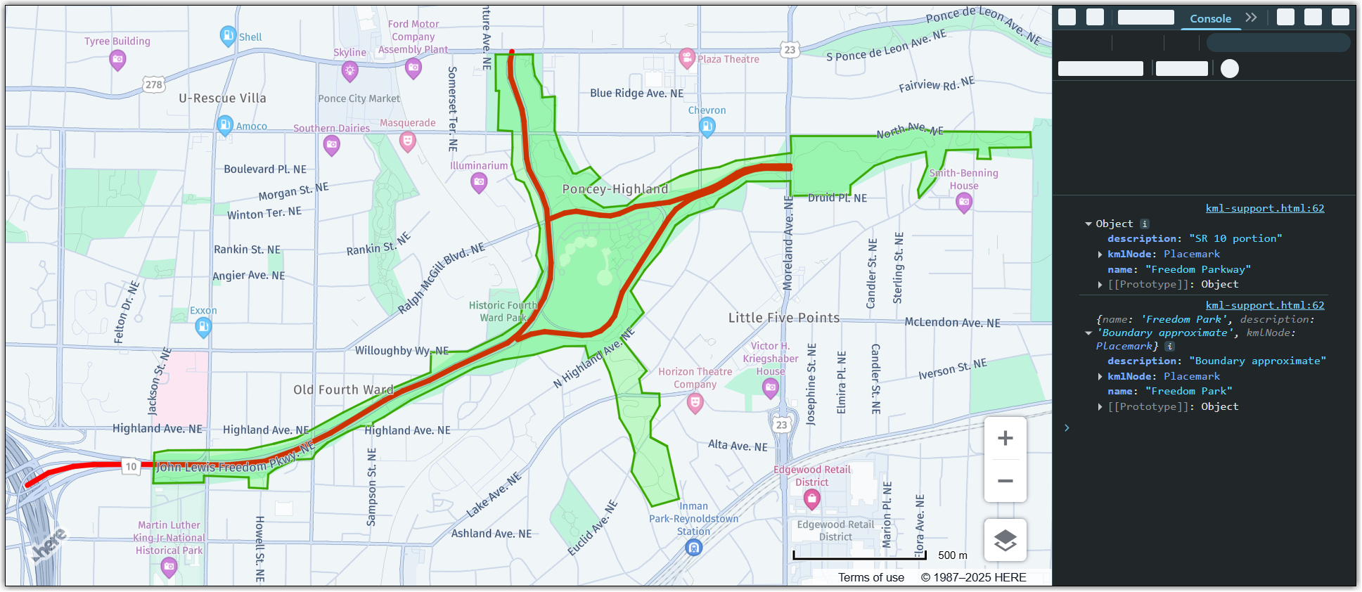KML data rendered on a satellite map