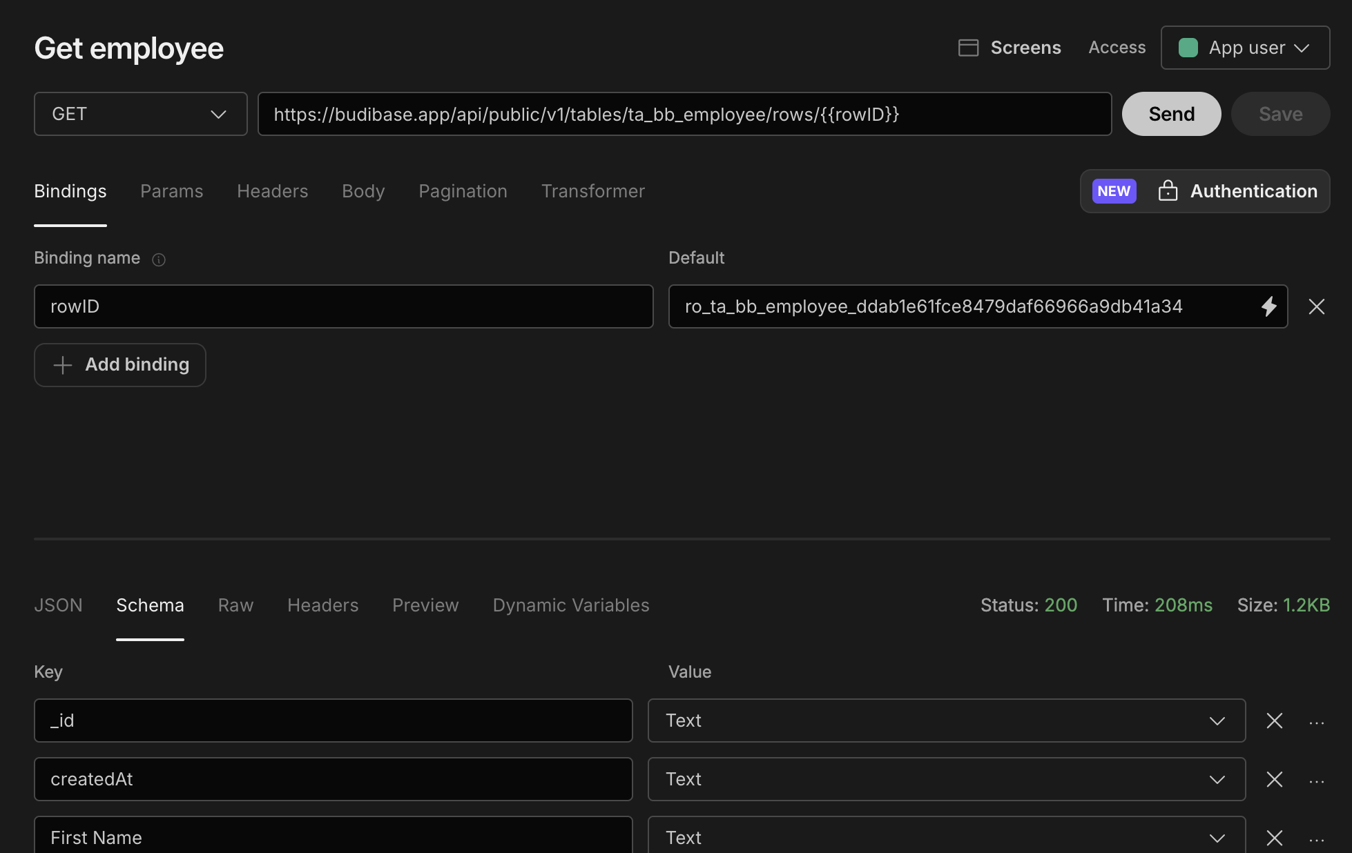 REST query to GET a single employee from rowId binding