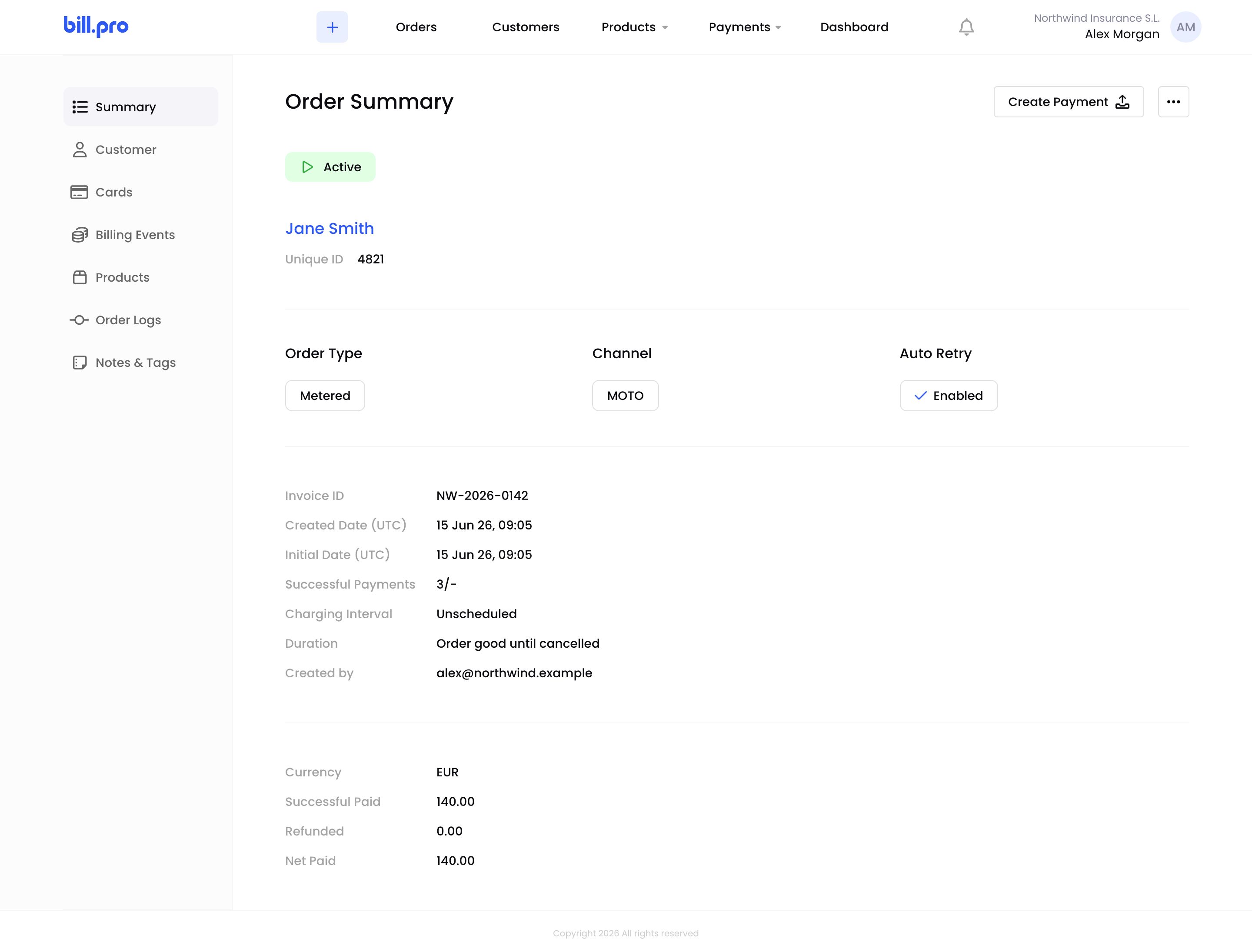 An active metered order with the Create Payment button