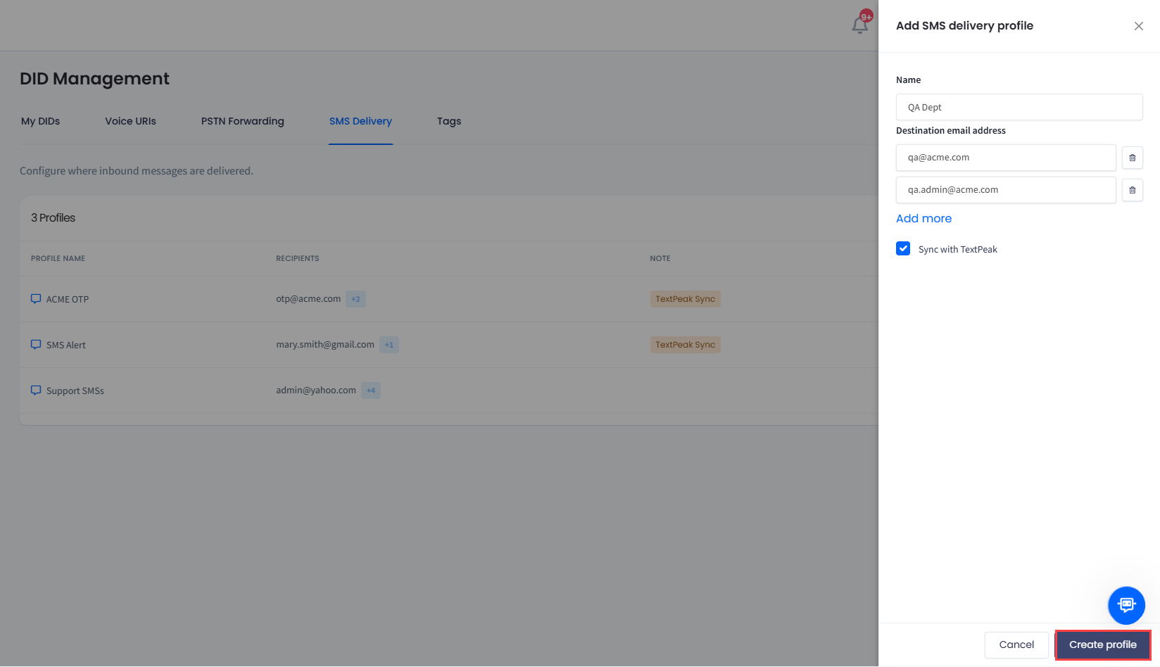Screenshot with creating new SMS delivery profile