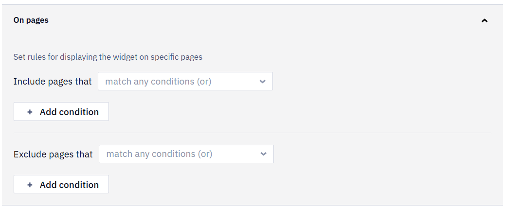 On pages panel with the Include pages that and Exclude pages that selectors and the Add condition buttons
