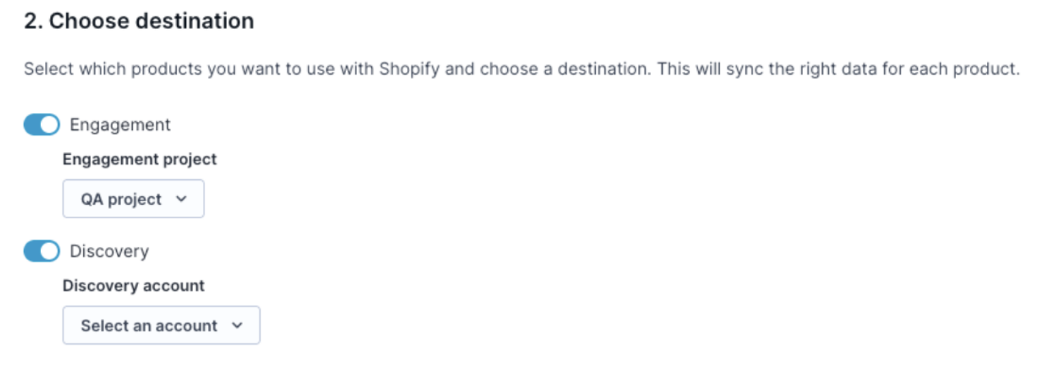 Data hub destination selection toggles and dropdowns