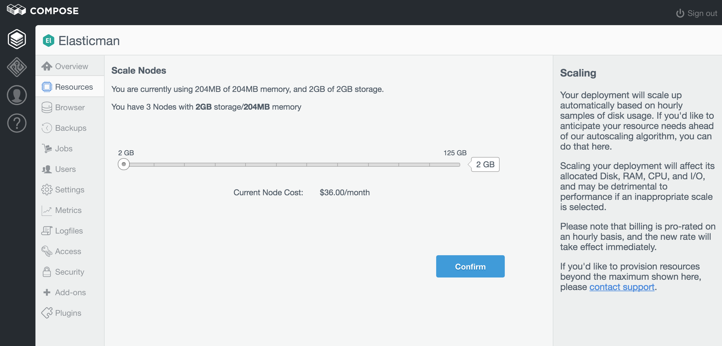 A view of the scale slider, specifically the slider for Elasticsearch.