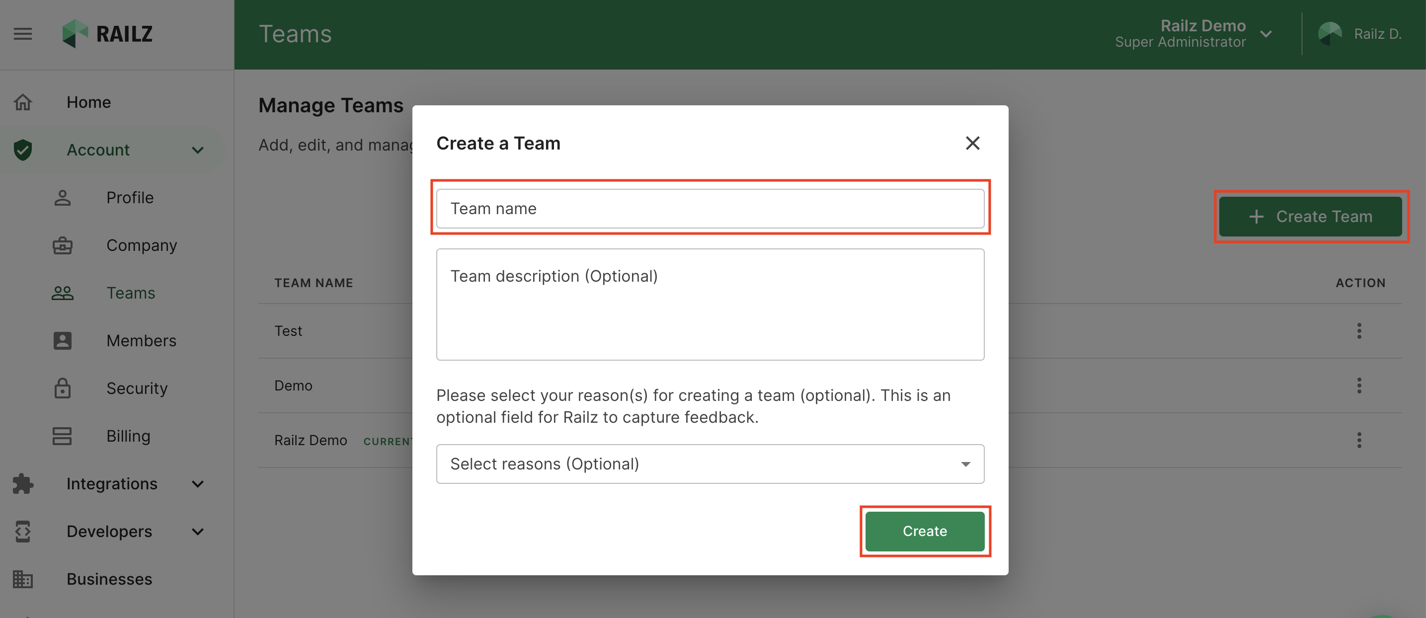 Manage team page in Railz Dashboard. Click to Expand.