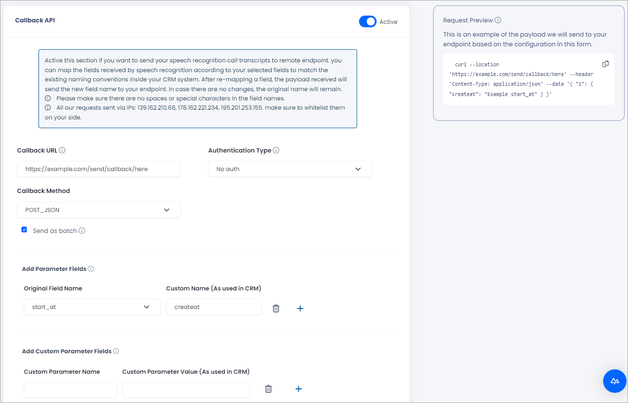 Screenshot with callback settings