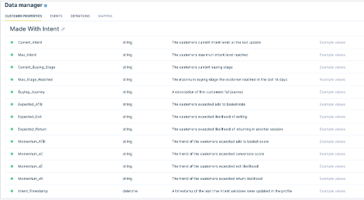 Data manager displaying Made With Intent customer properties and descriptions
