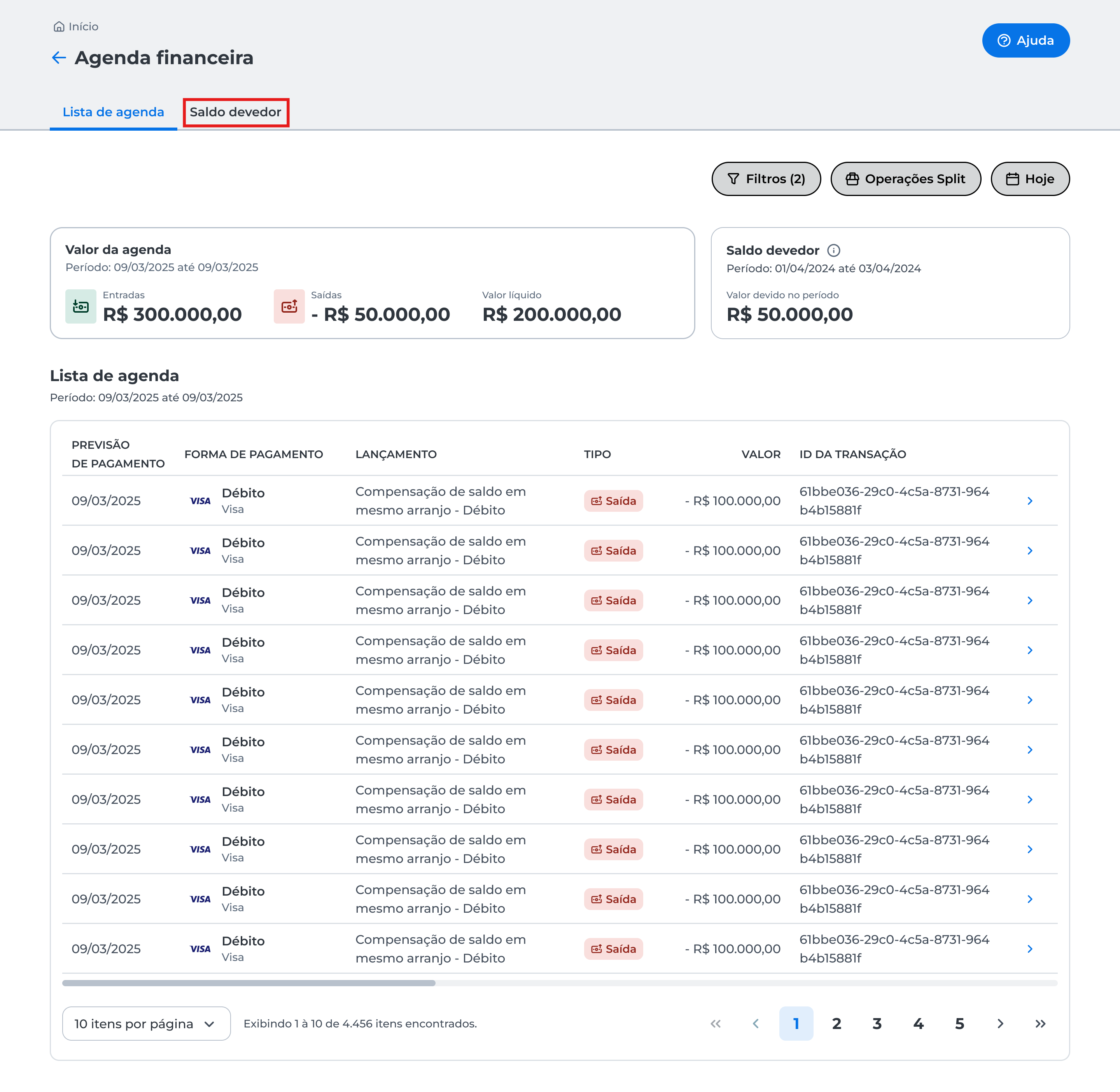 Tela do sistema com a aba “Saldo Devedor” destacada, indicando o acesso à funcionalidade de Gestão de Debit Balance.
