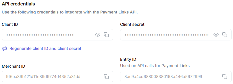 Payment Links API credentials.