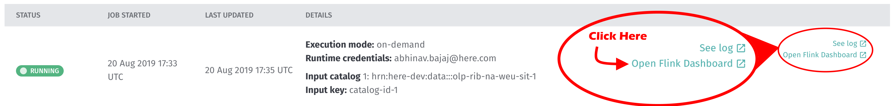 Screen capture of Flink Dashboard link on portal screen