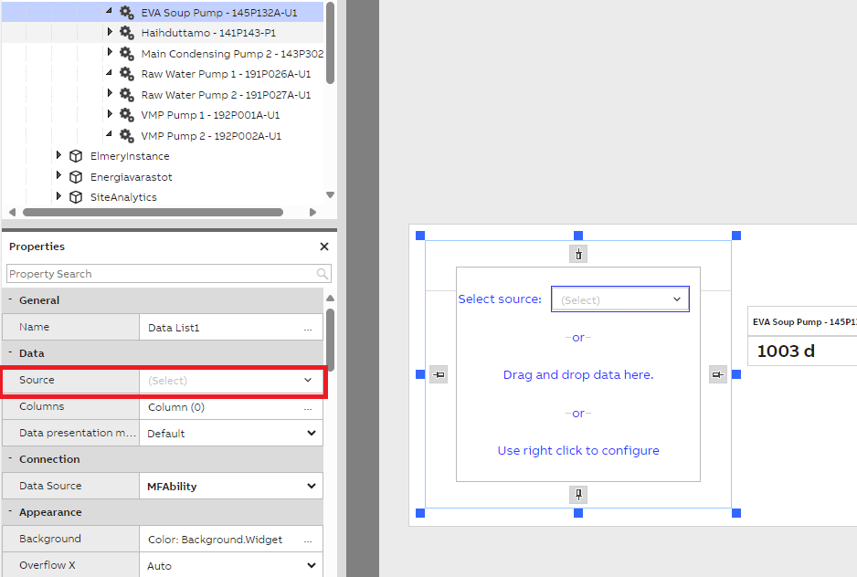 You can choose source also straight from widget when you have exit "Edit mode" or by dragging data there.

