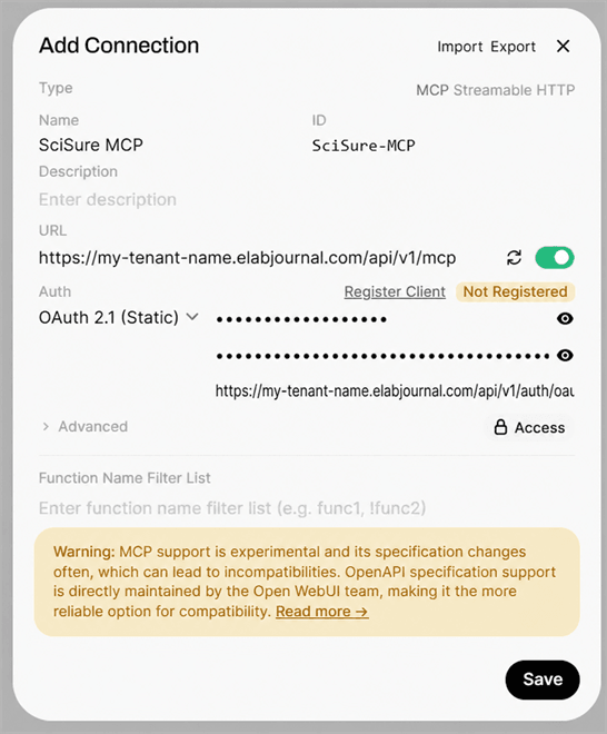 Open WebUI Add Connection dialog configured for SciSure MCP with a Not Registered status