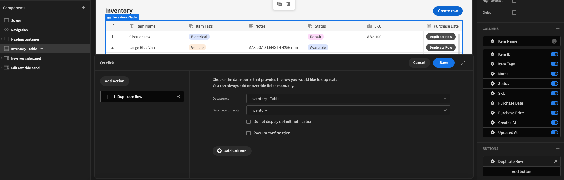 Duplicate data action setup demo.