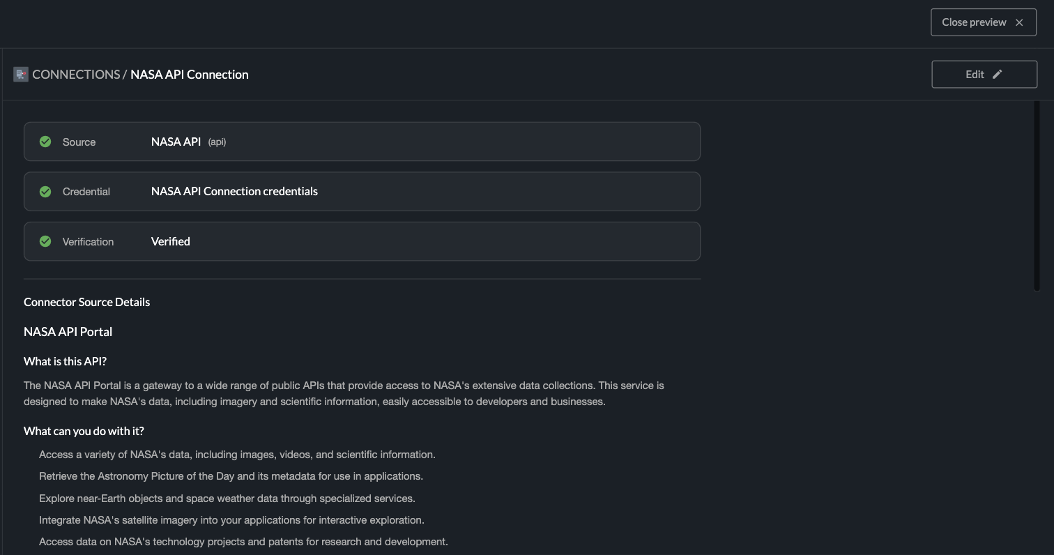 The connection summary: Source, Credential, and Verification all green, with plain-language details about the service below