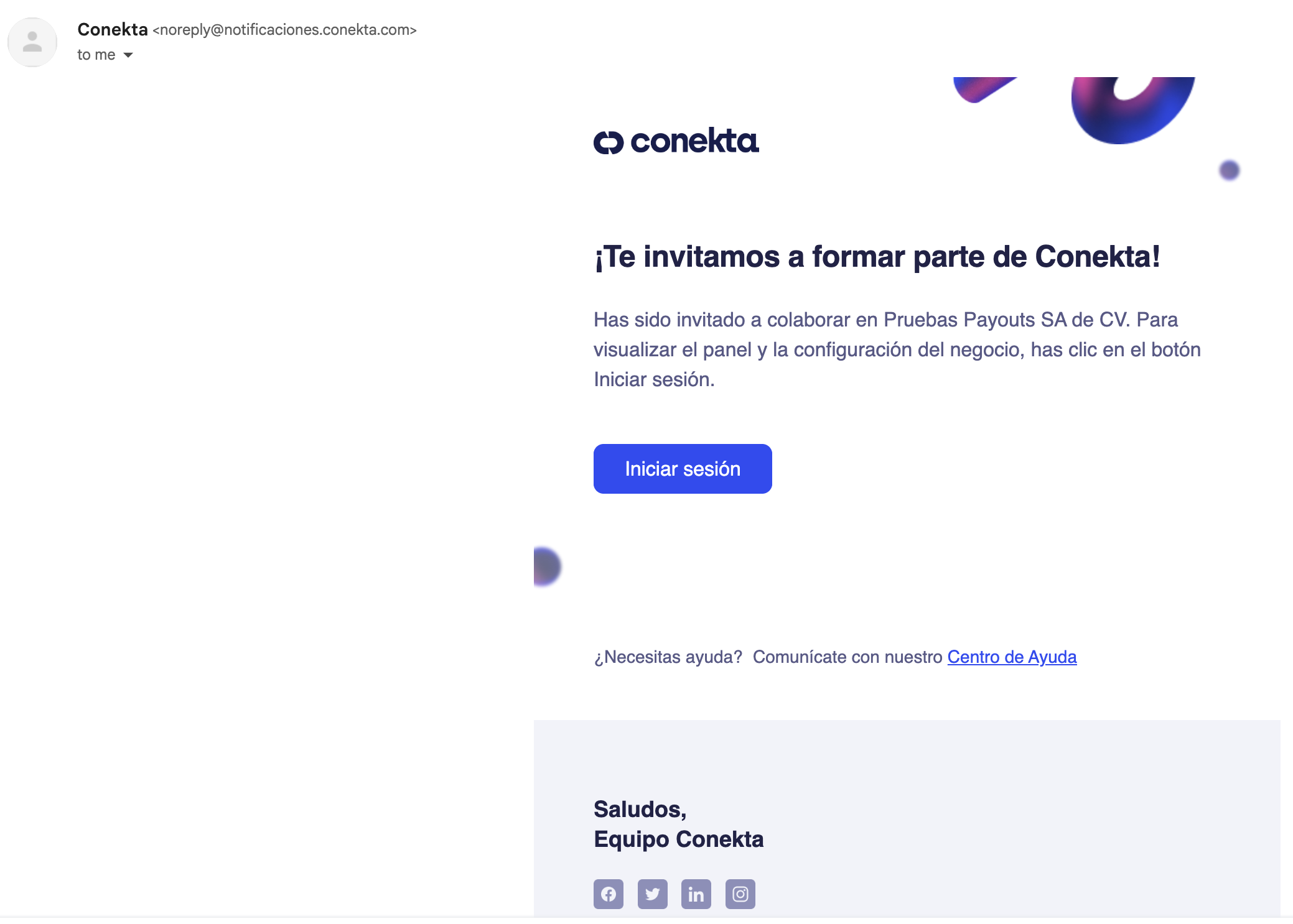 Correo de invitación a la cuenta de Conekta