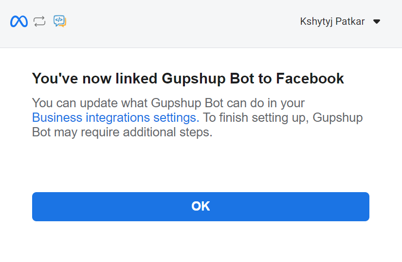 Success message post linking Gupshup bot to Facebook