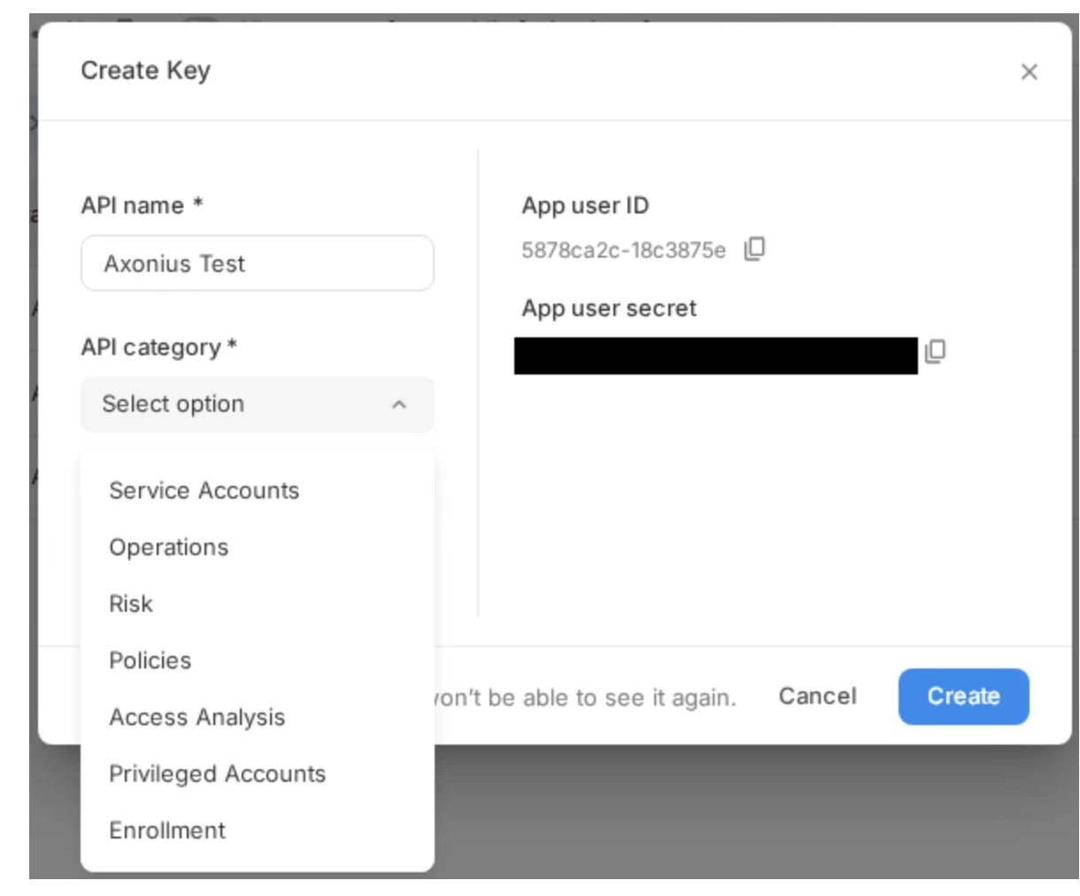 selecting API key categories