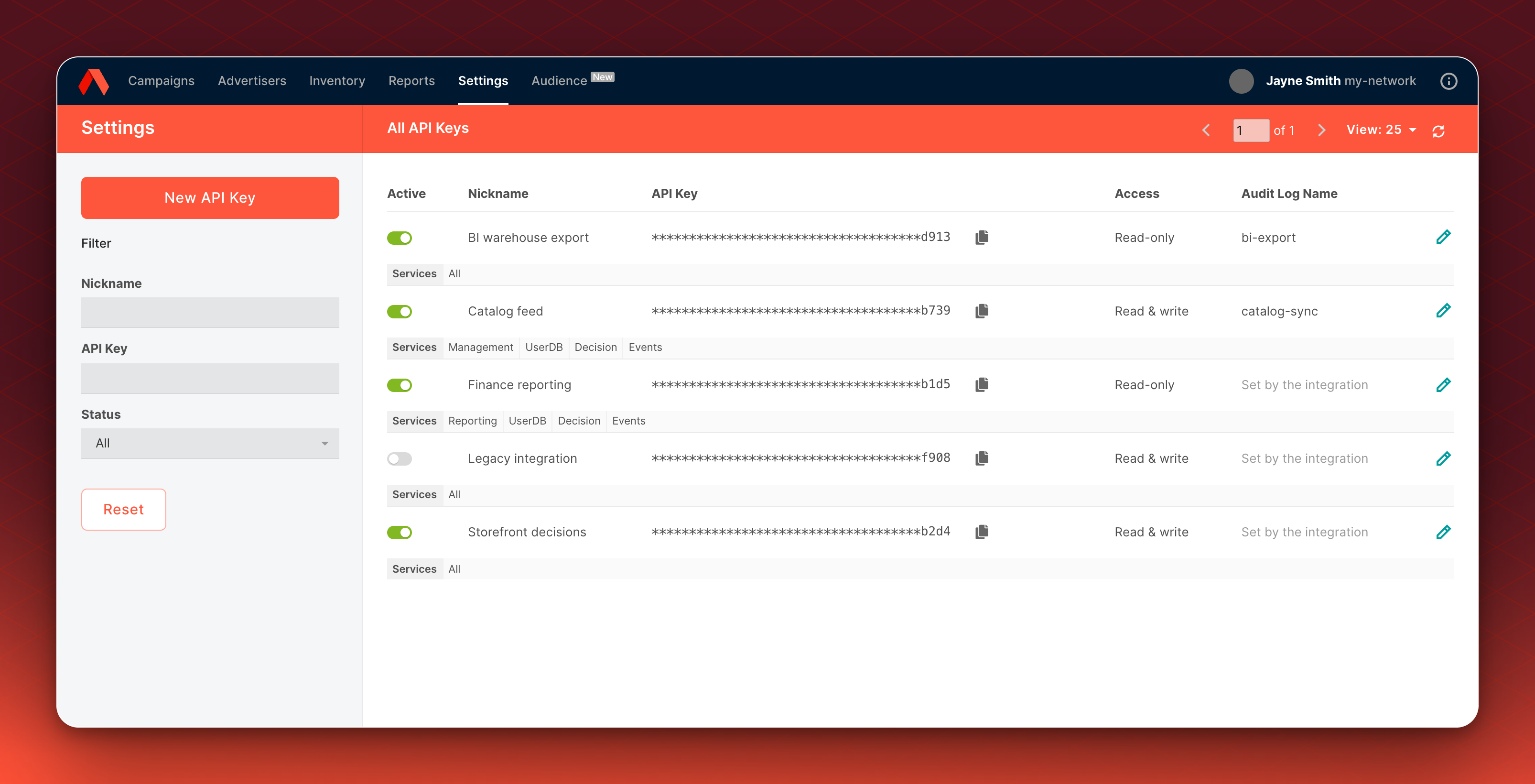 The API Keys page in the Ad Server UI. Each row shows an Active toggle, the Nickname, the API key masked to its last four characters, a Services line, the Access setting and the Audit Log Name.