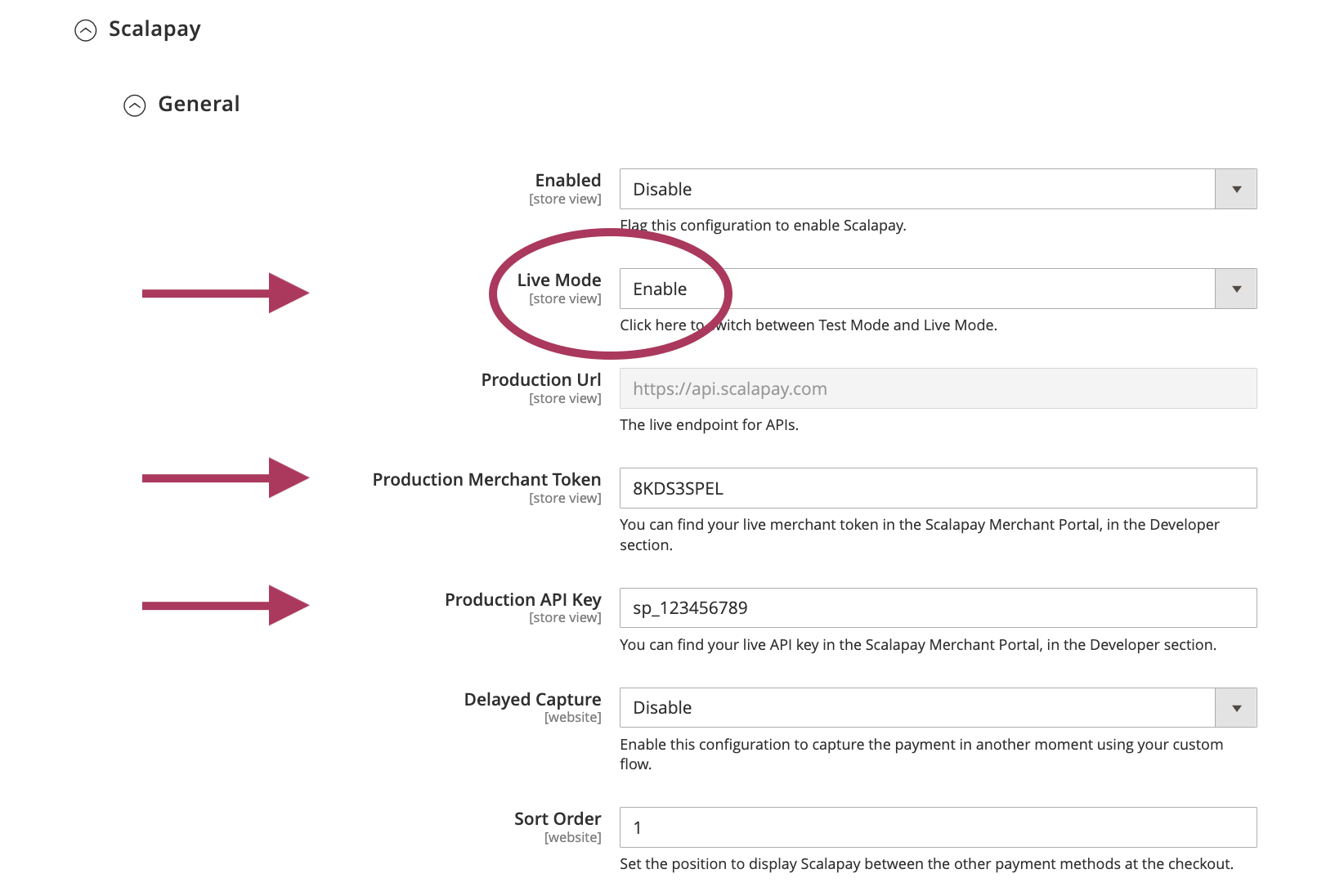 Flag the Live mode and enter the Live merchant token and the Live API key