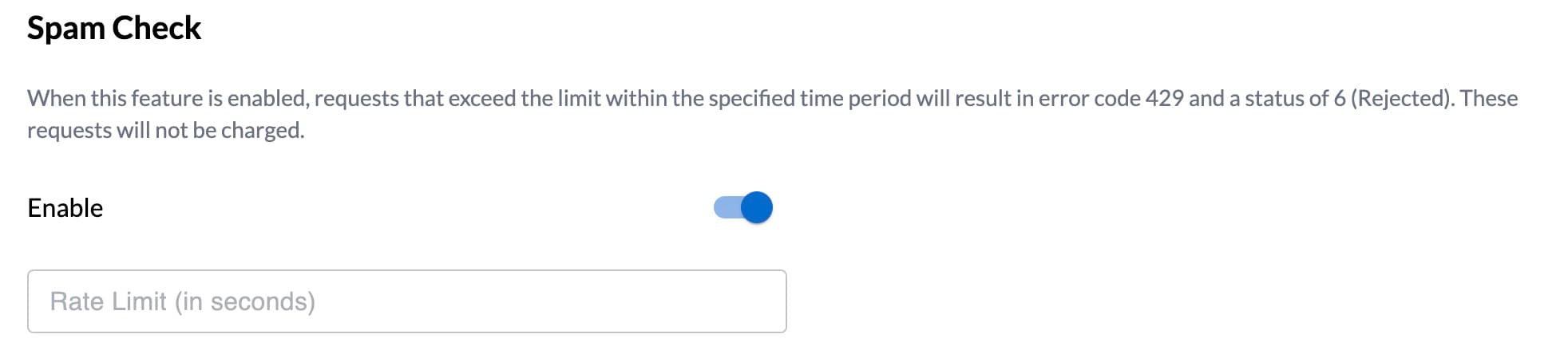 Spam Check Toggle & Rate Limit Input in Verihubs Dashboard