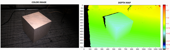 Figure 1. The output of a depth camera. Left: Color Image of a cardboard box on a black carpet.  Right: Depth map with faux color depicting the range to the object.