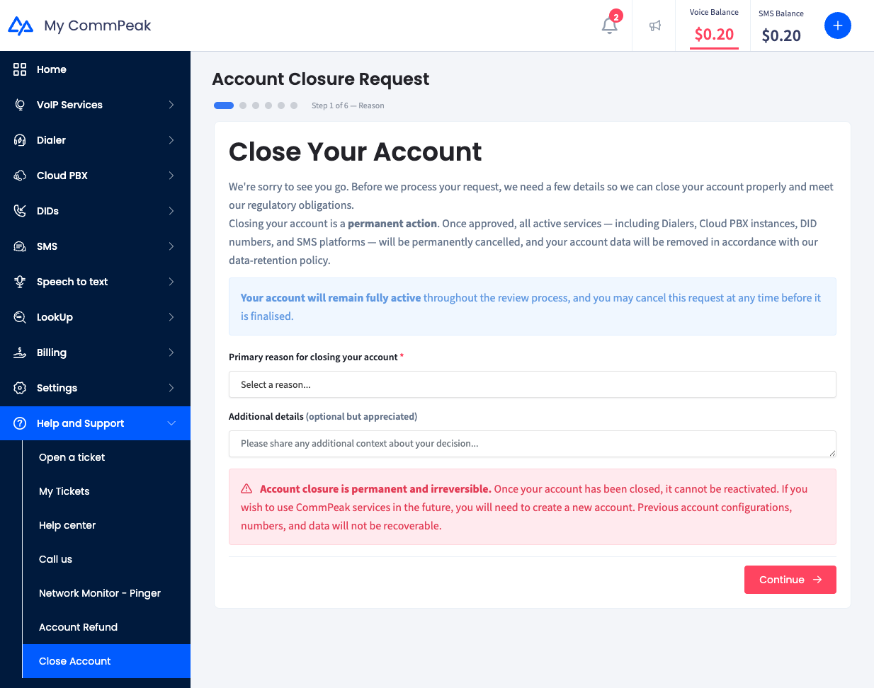Screenshot of the Account Closure Request: Step 1