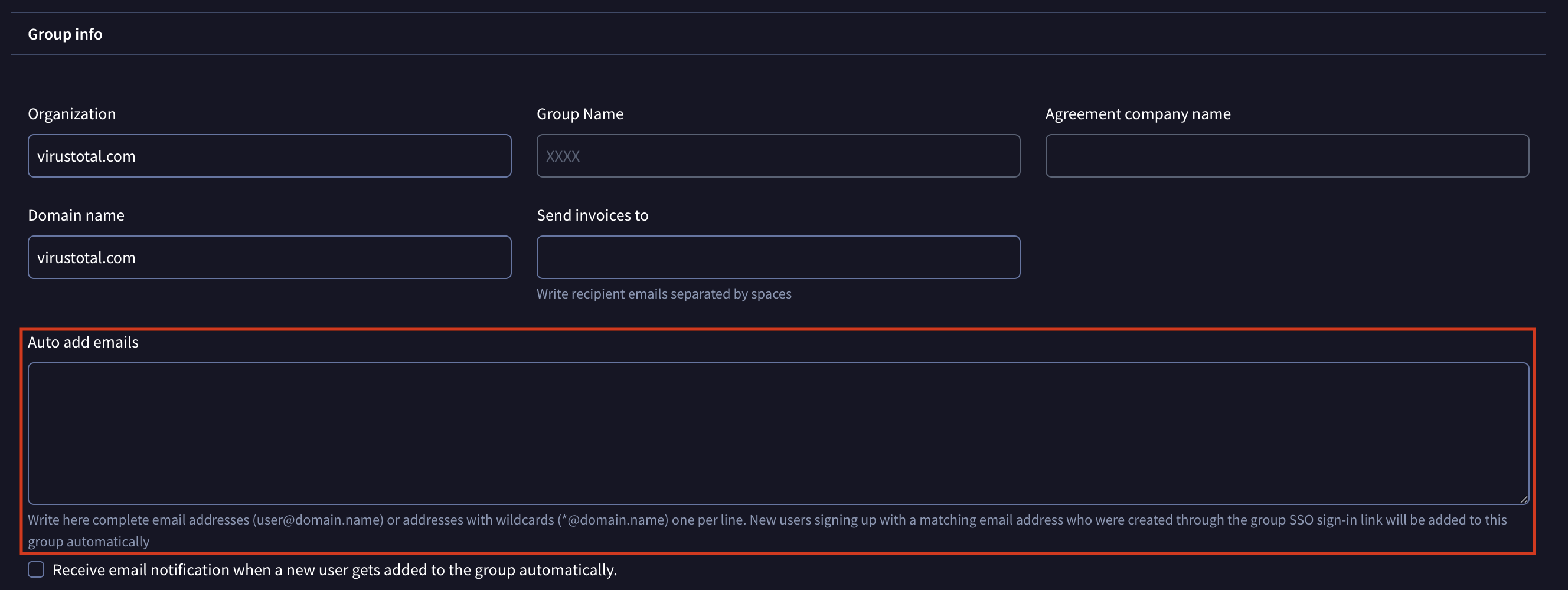 Auto add emails configuration
