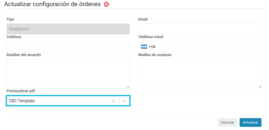 Actualizar configuración de las órdenes