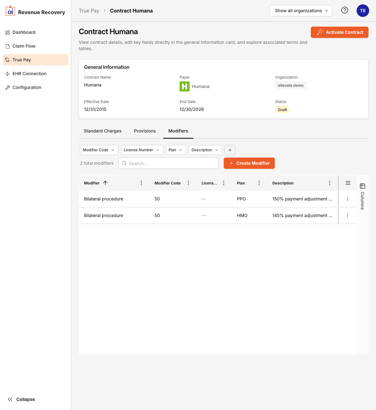 Modifiers tab showing modifier codes, license numbers, plan types, and descriptions