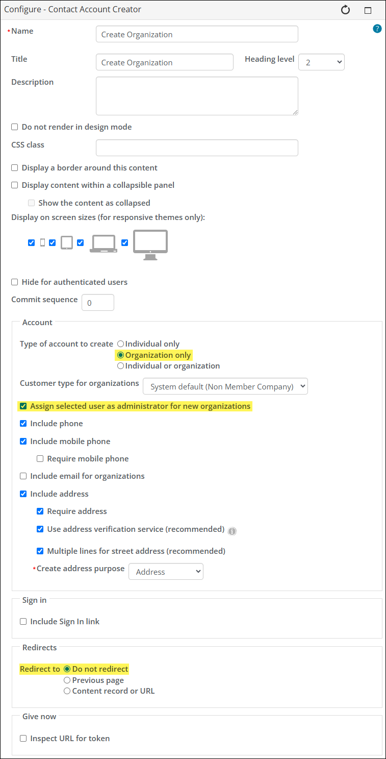 Configuring the contact account creator to create only organization accounts