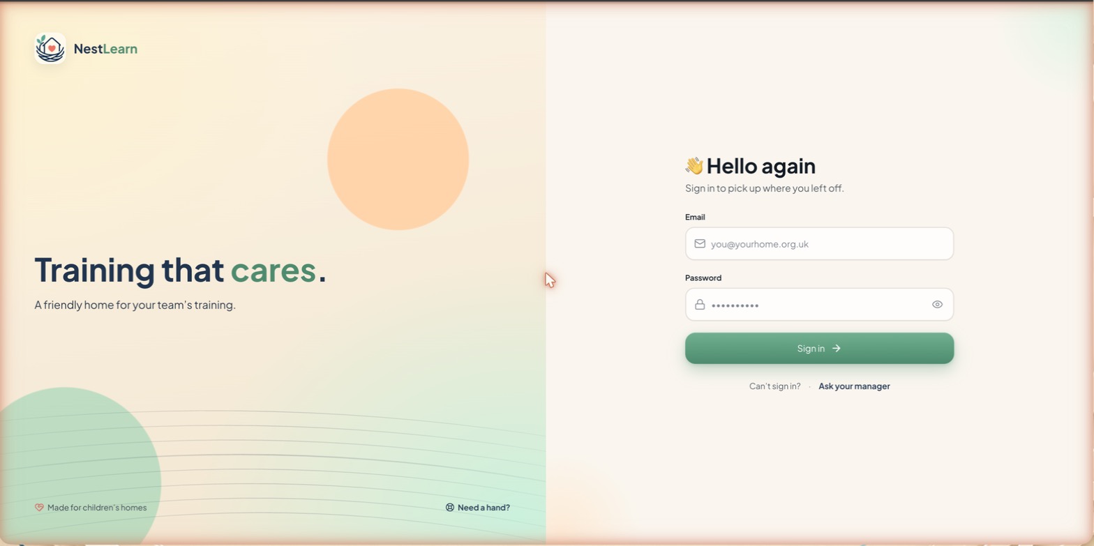 Nest Learn sign-in page, showing the Email and Password fields and the Sign in button