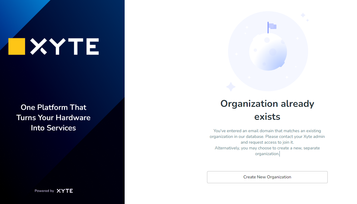 Screen for creating a new organization in Xyte.