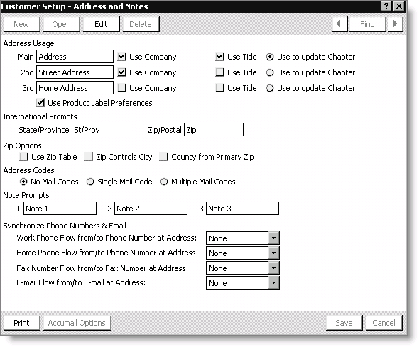From Customers, select Set up module > General, and click Address and Notes