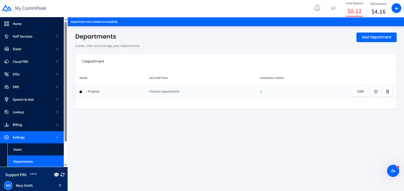 Screenshot of the Adding new department page