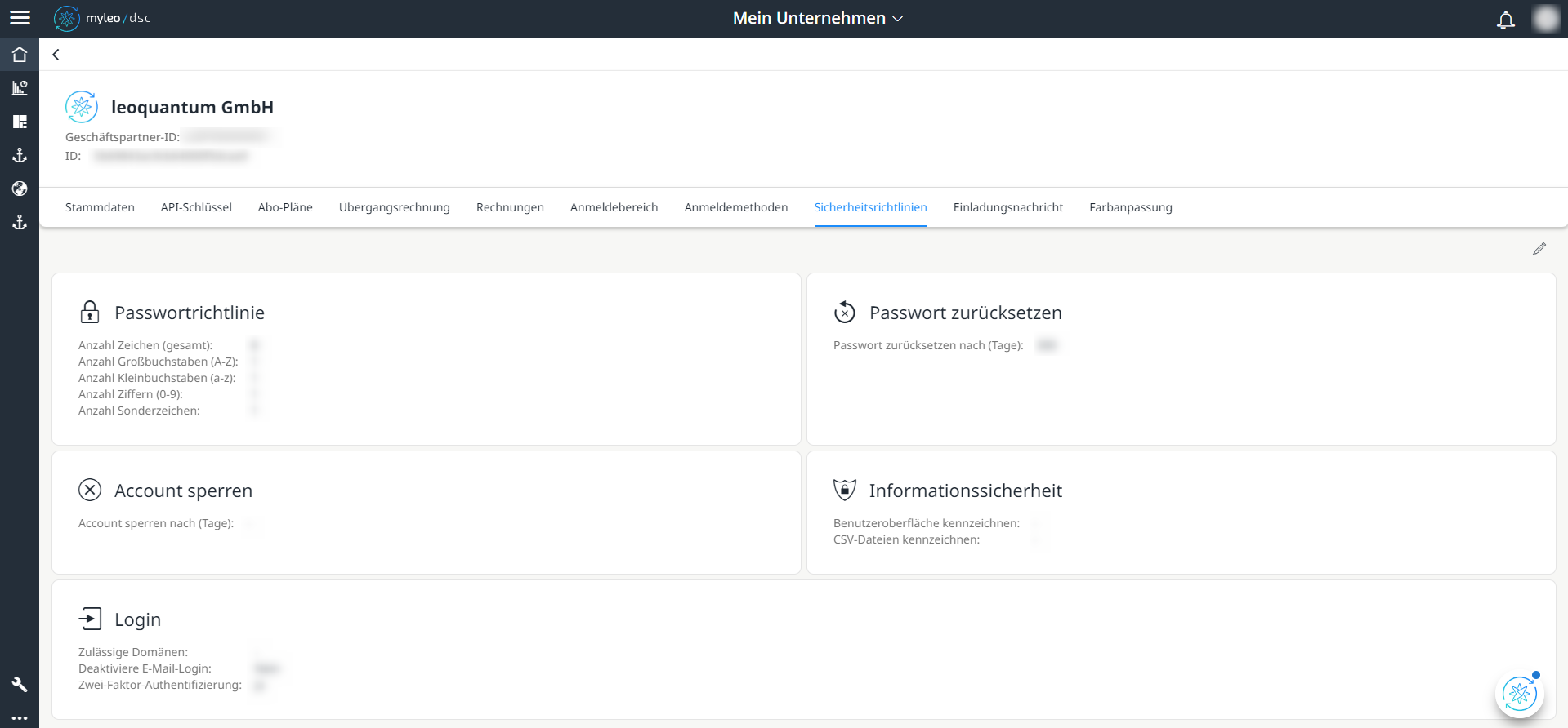 Mein Unternehmen - Tab "Sicherheitsrichtlinien"