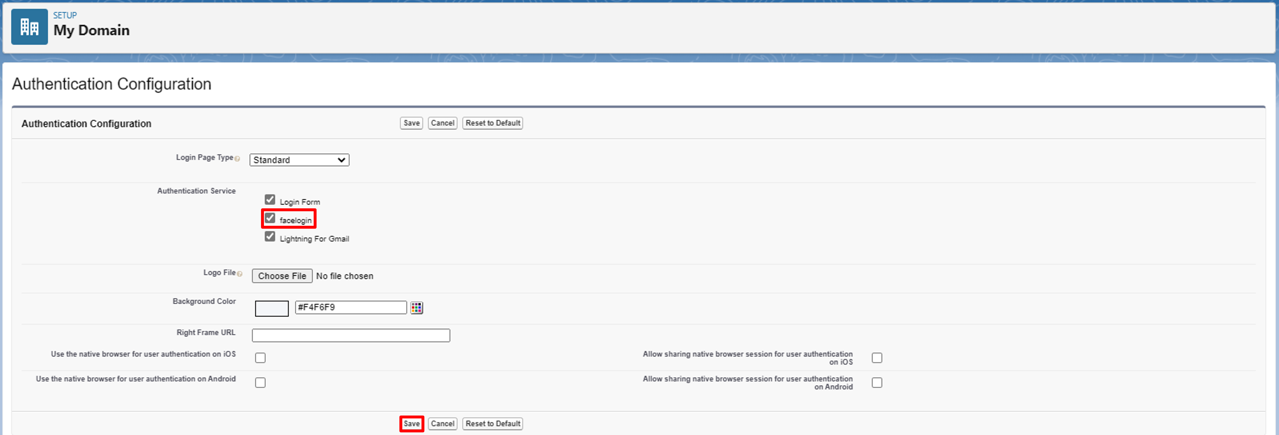 Save Authentication Configuration