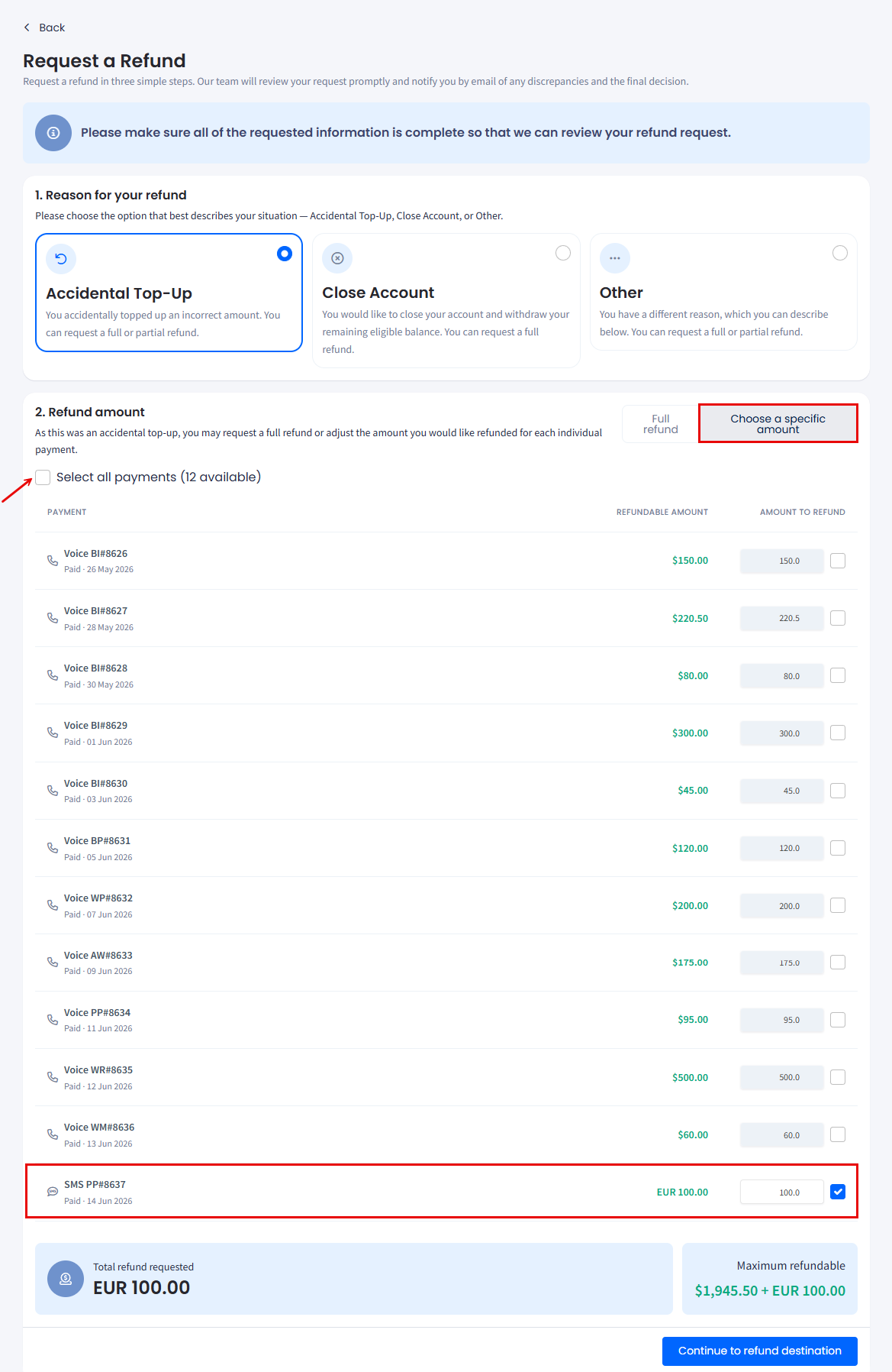 Screenshot of Request a Refund form: choosing a specific amount for Accidental Top-Up 
