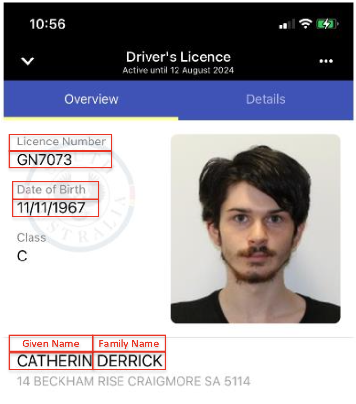 South Australia Digital Driver Licence sample – Overview Tab
