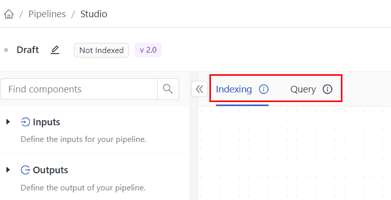 Pipeline Studio with indexing and query tabs highlightedh