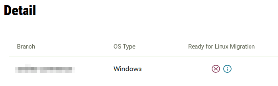 screenshot of the Mission Control instance detail page where the Ready for Linux Migration column displays No Linux build found