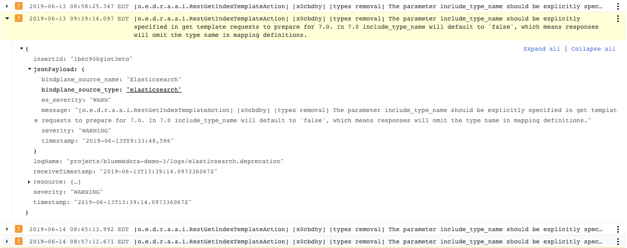 Elasticsearch Deprecation Logs Example