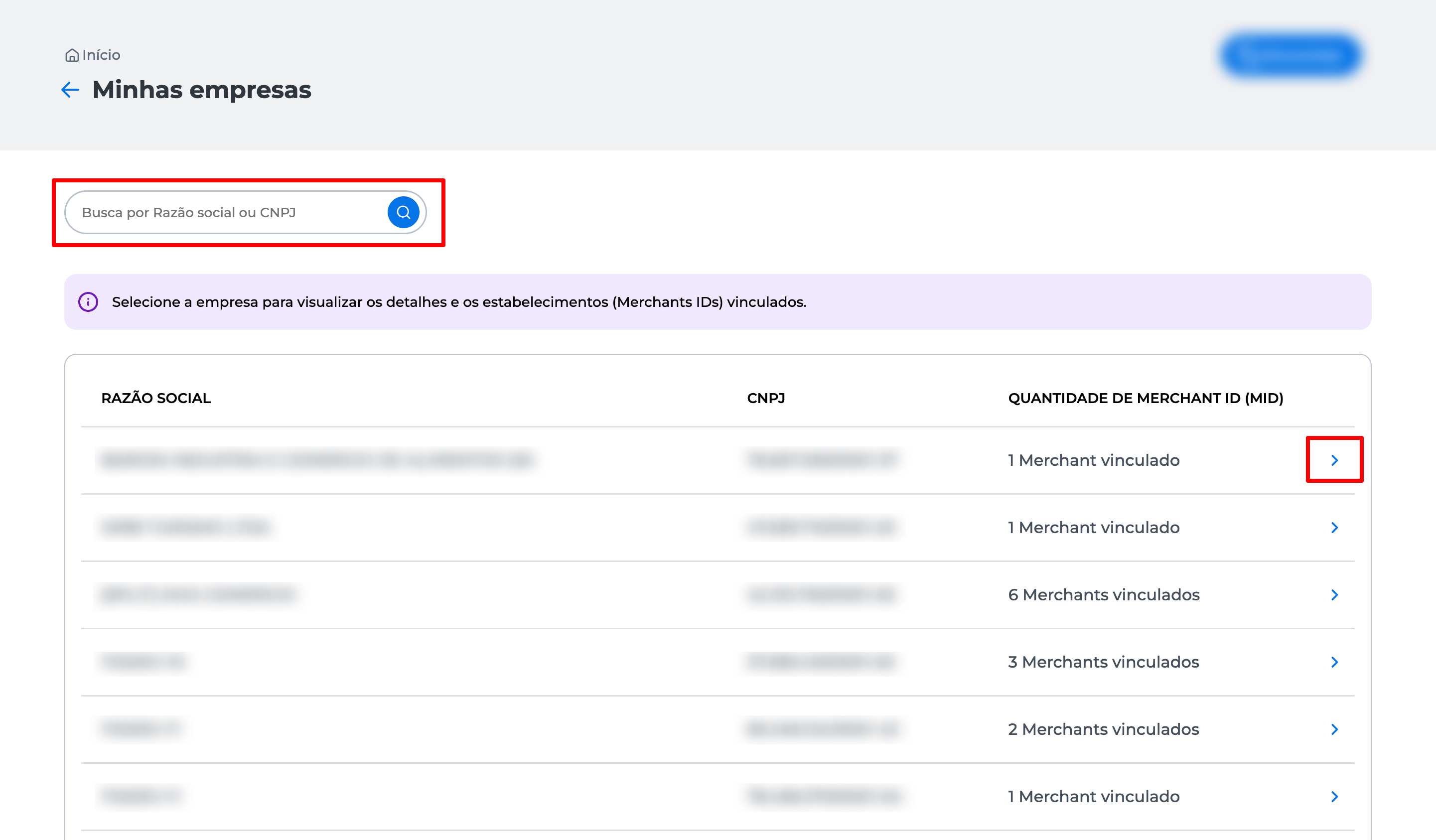 Tela do Portal E-commerce mostrando a lista de empresas disponíveis. Uma empresa está destacada, com um ícone de seta (>) ao lado, indicando que é possível clicar para acessar os detalhes da empresa.