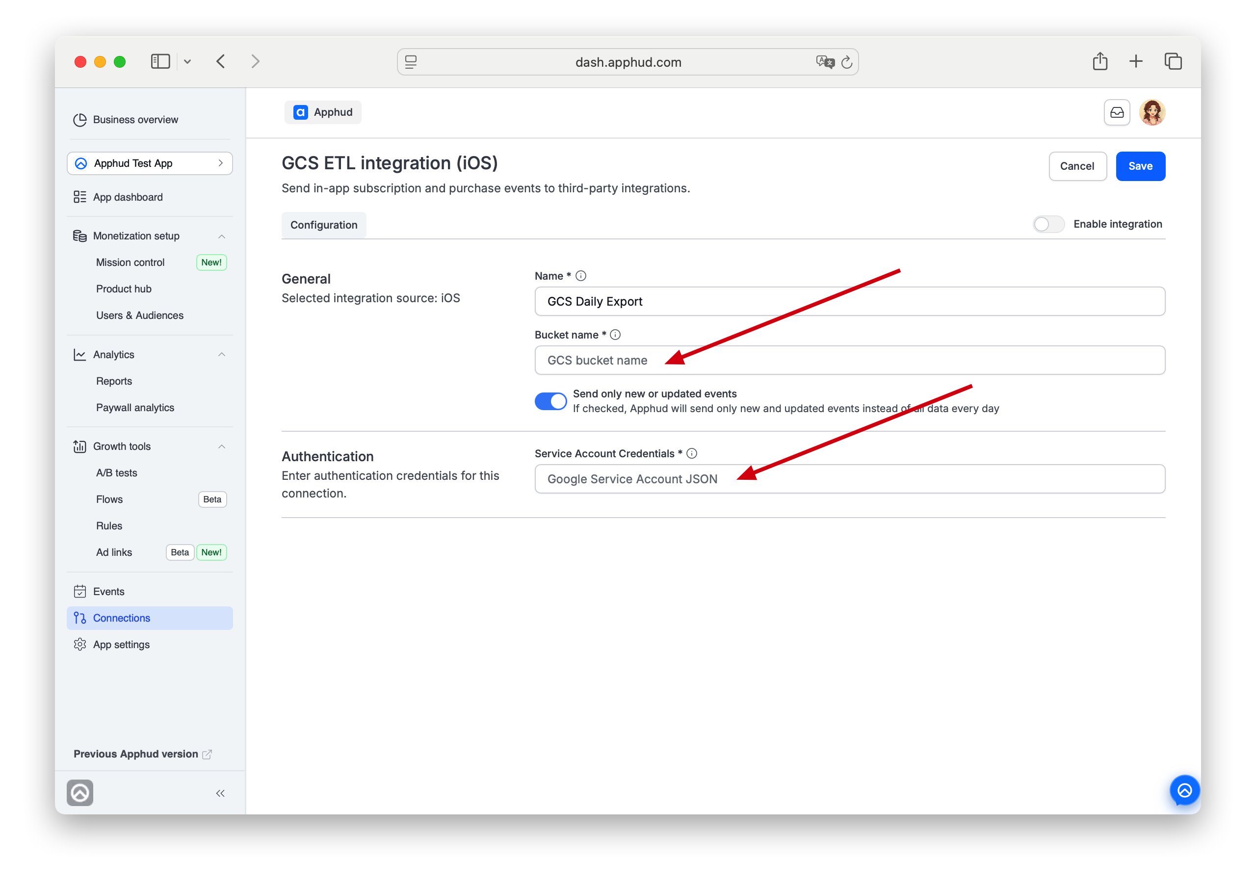 Apphud - GCS connection configuration