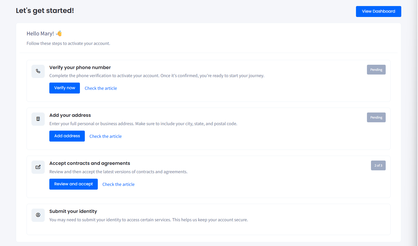Screenshot of the onboarding dashboard